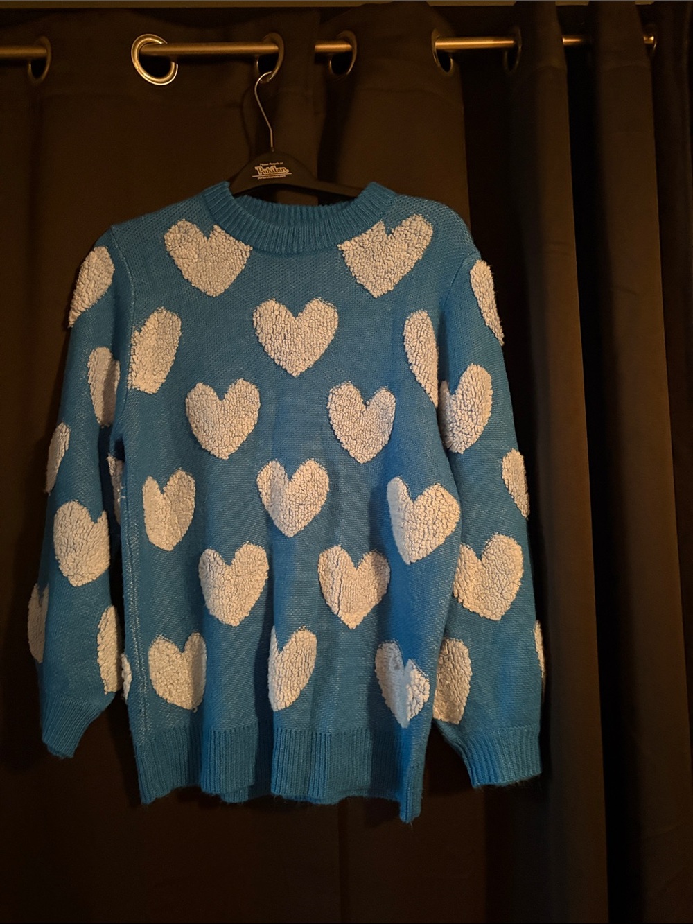 Pink Lily Blue Crewneck Sweater with White Heart Pattern